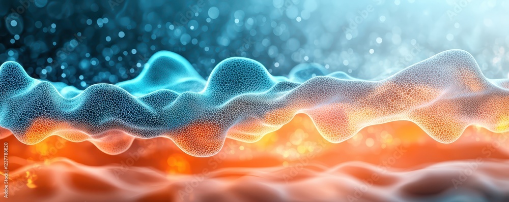 Poster quantum computing potential concept. abstract digital waves in vibrant blue and orange hues, creatin