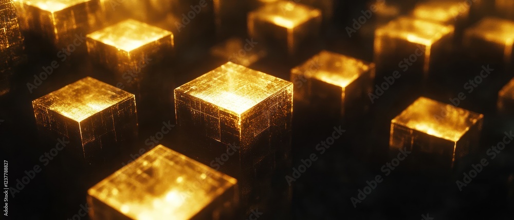 Aufkleber a close-up view of glowing golden cubes, creating a futuristic and abstract atmosphere.