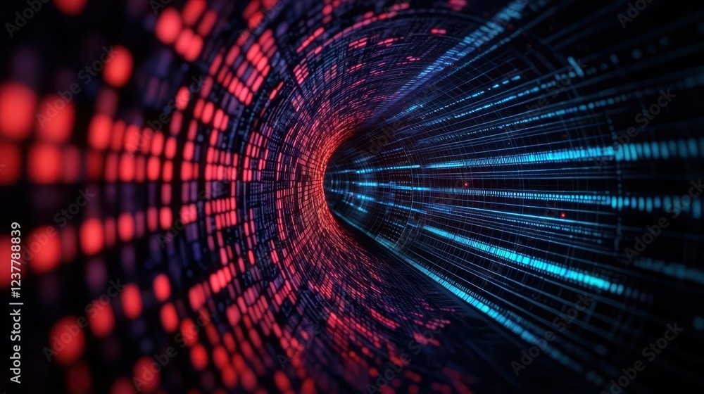 Poster quantum computing potential concept. a vibrant, abstract tunnel of red and blue digital lines, symbo