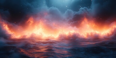 Naklejka premium Fiery Seascape Under a Starlit Sky: A Digital Painting of Burning Waves