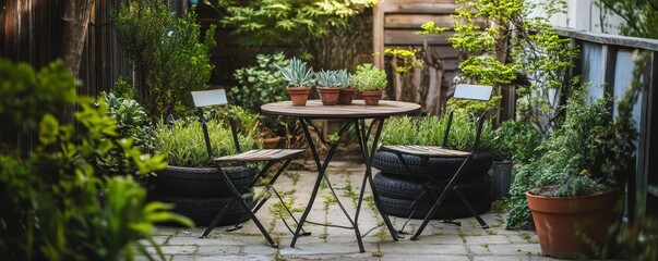 Fototapeta premium Charming small urban patio featuring DIY planters filled with vibrant succulents for a cozy outdoor retreat.