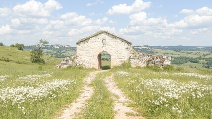 Obraz premium Rustic stone gateway, hilltop path, wildflowers, scenic landscape; travel, nature photography