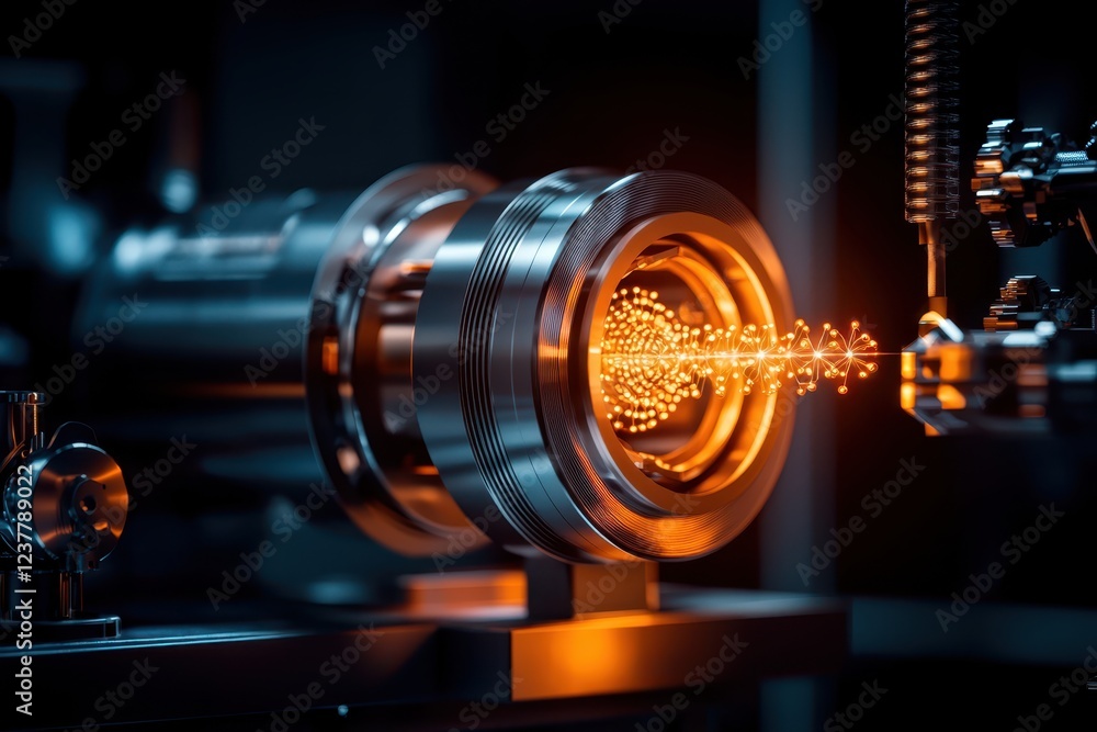 Poster quantum computing potential concept. a futuristic machine emitting glowing particles, showcasing adv