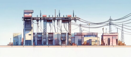 A detailed illustration of an industrial power station with electrical equipment and structures.