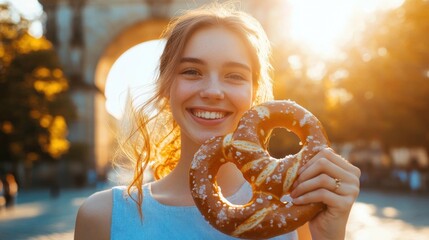 happy woman holding a pretzel at sunset