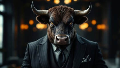Naklejka premium Powerful Bull in Suit Stock Photo Dramatic Business Image