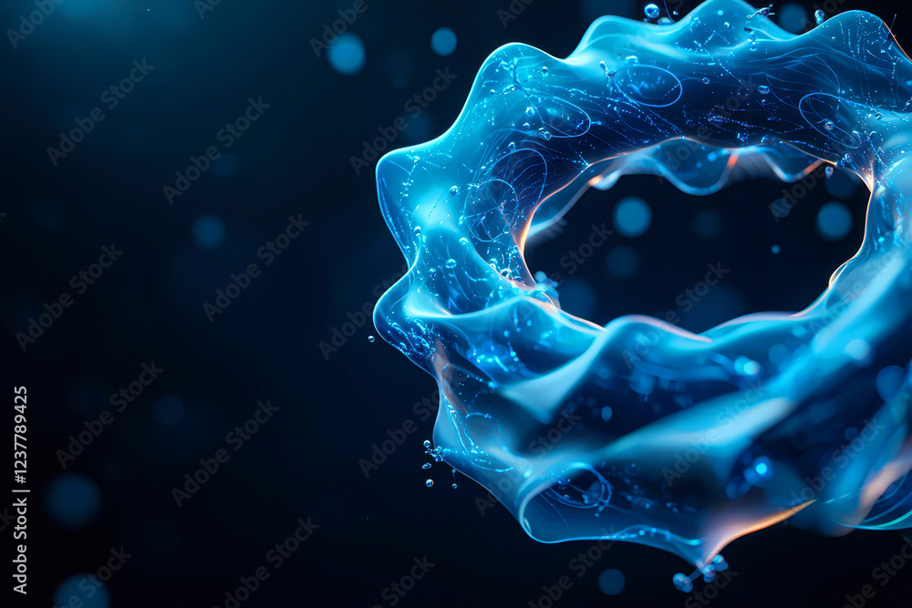Poster quantum computing potential concept. a luminous blue ring-shaped object floats in dark water, surrou