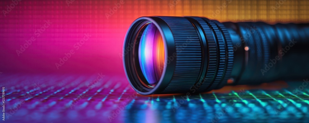 Poster quantum computing potential concept. a close-up of a camera lens reflecting vibrant colors against a