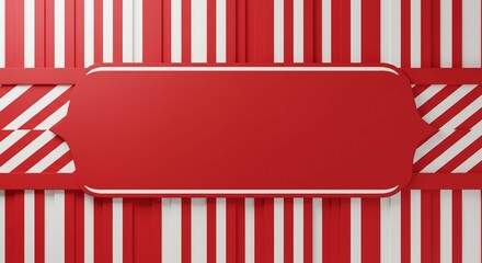 A red and white striped background with a prominent red banner in the center.