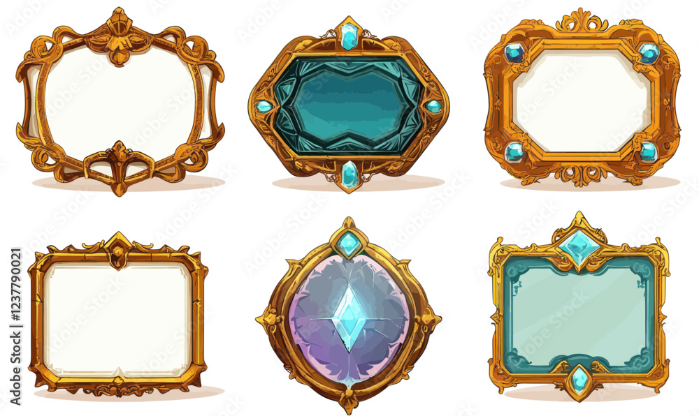 Poster medieval gem and gold ornamented frames vector for game design elements