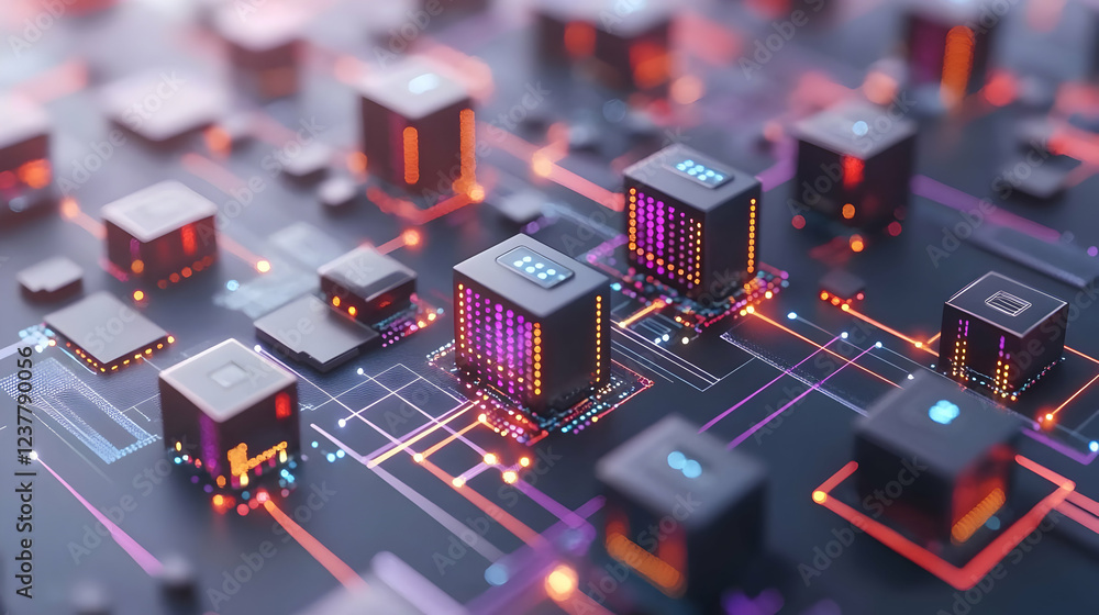 Poster digital data cubes network, glowing circuits. technology concept