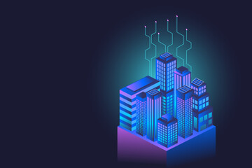 Abstract modern buildings in isometric view, creating a cityscape in perspective. Ideal for architectural designs, urban concepts or modern cityscapes, digital art. Blue and purple colored buildings.