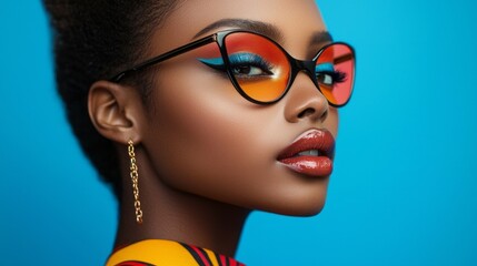Naklejka premium A multiethnic woman exudes confidence with her bold makeup, highlighting bright shades that complement her striking features. The vibrant background enhances her artistic flair