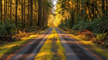 Obraz premium sunlit forest road in autumn