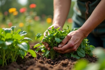 A group of people are picking herbs in a garden