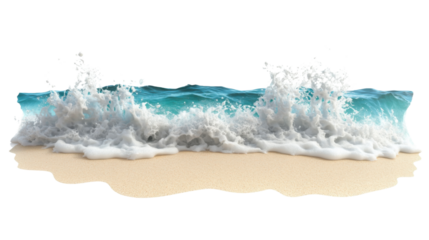 Soft ocean waves crashing on sandy beach with transparent background