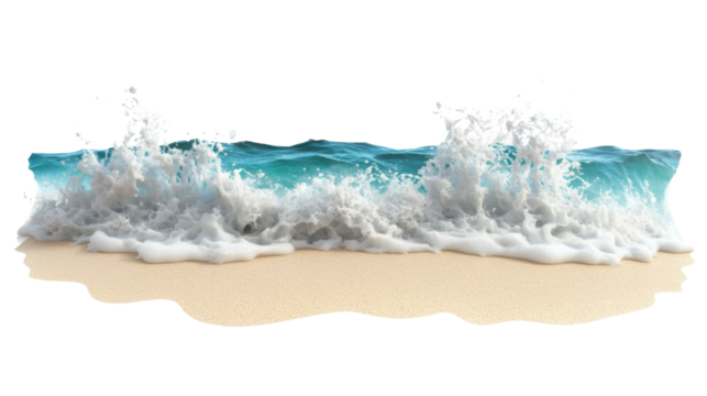 Soft ocean waves crashing on sandy beach with transparent background