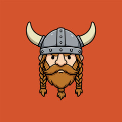 Stern Viking Warrior Cartoon Portrait with Braids and Helmet