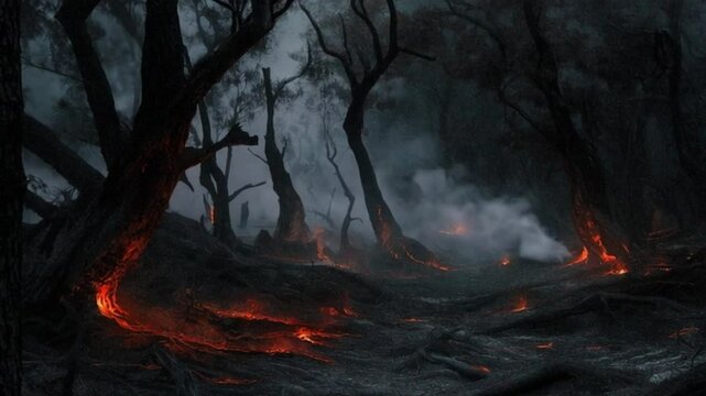 A burned forest with charred trees and smoldering ashes covering the ground, vividly illustrating the long-term environmental damage caused by a wildfire and the fragility of natural ecosystems