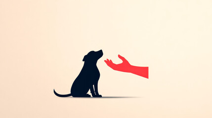 A silhouette of a dog sitting, reaching out with a red hand, symbolizing connection, care, and companionship between humans and pets.