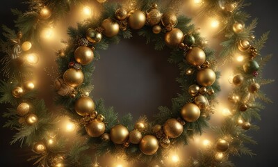 Sparkling golden ornaments and twinkling lights on a festive Christmas wreath, christmas, seasonal