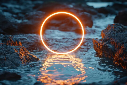 Circular frame in pastel orange, glowing softly above a rocky waterbed with gentle ripples.