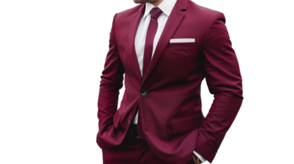 Businessman standing with hands in pockets wearing red suit on transparent background
