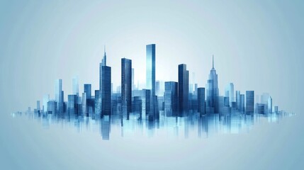 Fototapeta premium Blue city skyline reflection, urban development, sunrise background, futuristic design