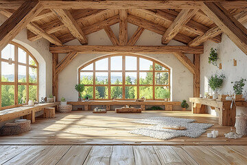 Sunlit yoga studio in wooden attic, forest view