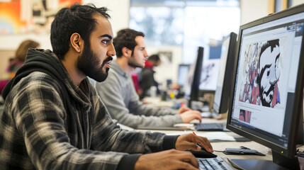 Side view of diverse group of men sitting at table with computer and coworking on creation of new cartoon