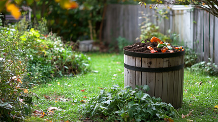 One compost bin in a backyard full of left over food, fruits and vegetables
