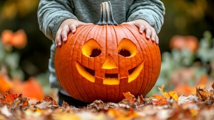 A Child Holding a Smiling Jack-o'-lantern Pumpkin in Autumn Leaves. Halloween Decoration, Fall Harvest, Festive Season