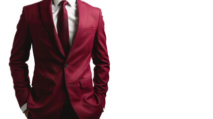 Businessman wearing red suit and tie with hands in pockets on transparent background