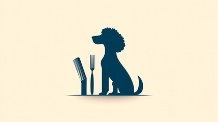 A silhouette of a dog with curly fur, accompanied by grooming tools, set against a light background.