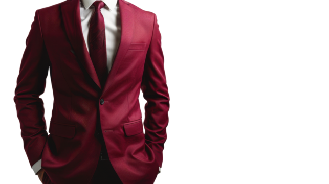 Businessman wearing red suit and tie with hands in pockets on transparent background