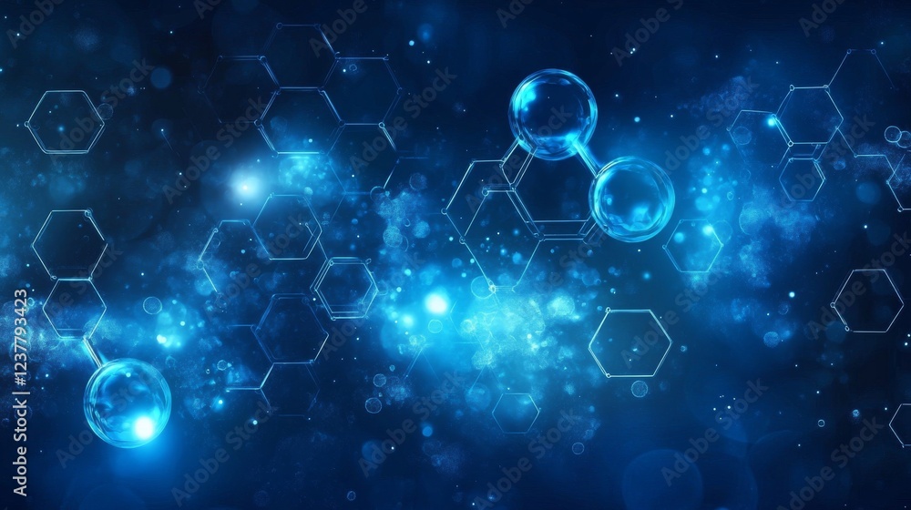 Poster abstract dark blue science background with glowing molecular structures and digital elements, repres