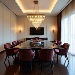 Fototapeta premium modern luxurious room with red chair and lights, modern restaurant room, modern meeting room, beautiful dining room, modern dining room, hotel management, dining room design images