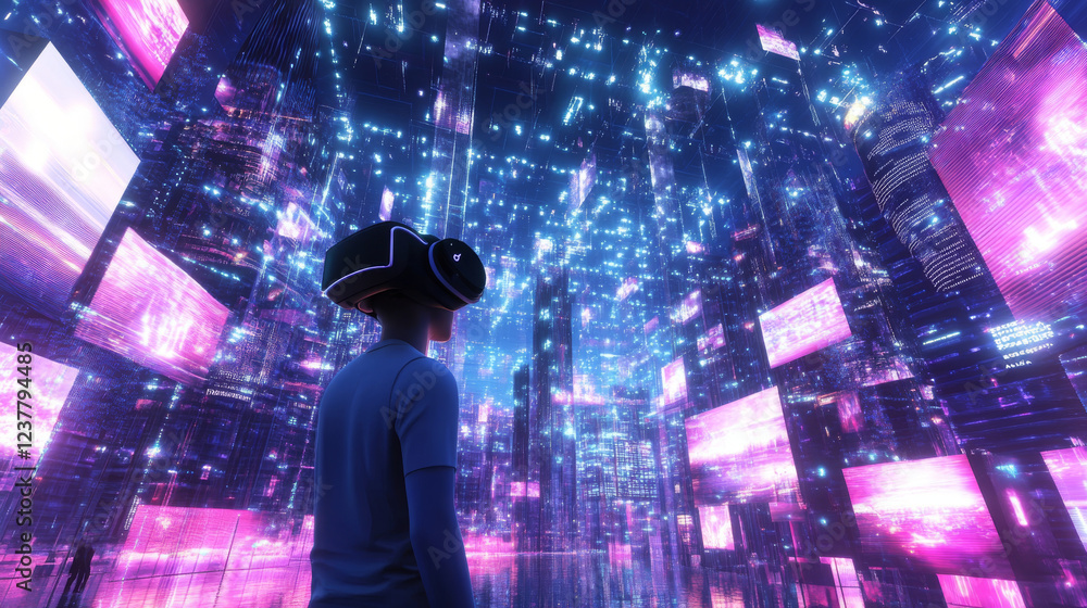 Poster metaverse digital cyber world technology concept businessman working as concept with virtual digital