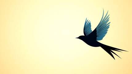 Obraz premium A silhouette of a bird in flight against a soft yellow background, showcasing delicate wings and a dynamic form.
