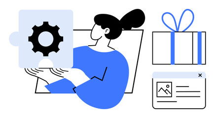 Woman holding gear puzzle piece, gift box with blue ribbon, image post window with photo and text. Ideal for teamwork, configuration, gift guides, online profiles, content creation, user interfaces