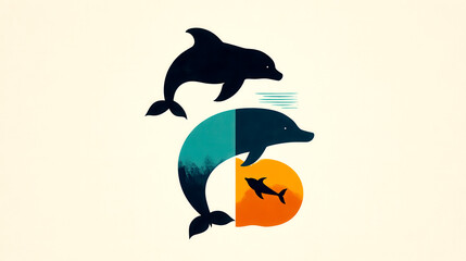 A stylized image of dolphins in water, featuring vibrant colors and dynamic shapes, capturing a sense of movement and marine life.