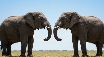 Fototapeta premium Two African Elephants Facing Each Other in Savanna Landscape Wildlife Encounter