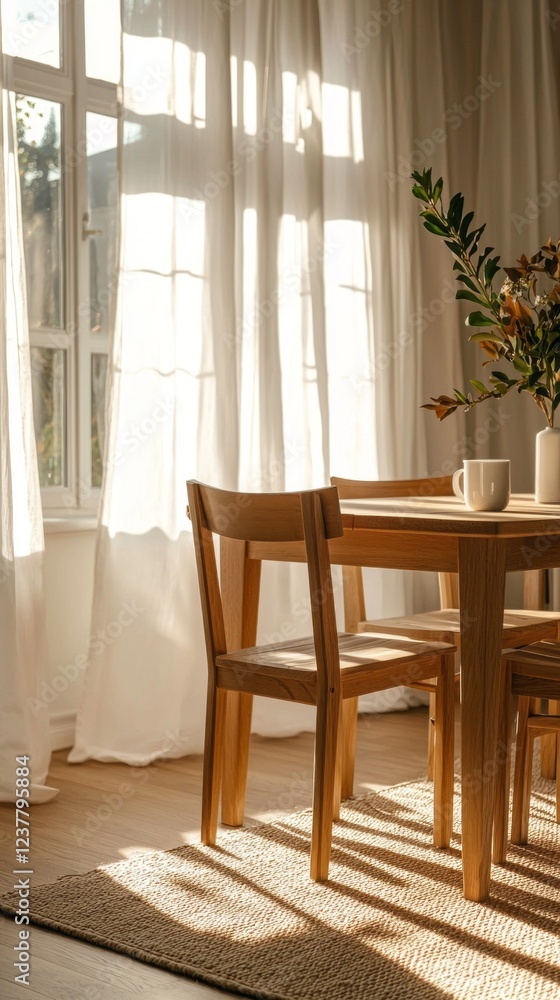 Poster warm sunlight streams through sheer curtains, illuminating a minimalist wooden dining table adorned 