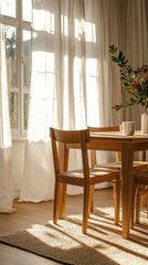 Warm sunlight streams through sheer curtains, illuminating a minimalist wooden dining table adorned with foliage. The relaxed setting invites conversation and comfort