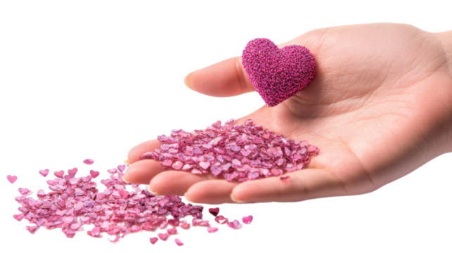 hands holding pink hearts isolated on white background 