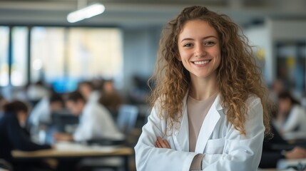 female woman doctor nurse portrait shot smiling cheerful confident standing front row in medical training class or seminar room background