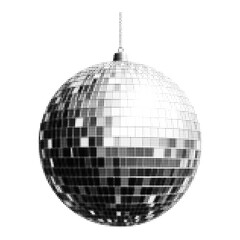 Black and white halftone disco ball illustration. Abstract retro party design element with pixelated dots. Vintage 70s and 80s style graphic for music, dance, and club themes.