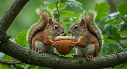 Fototapeta premium Two Adorable Red Squirrels Sharing a Large Acorn on a Tree Branch in Nature