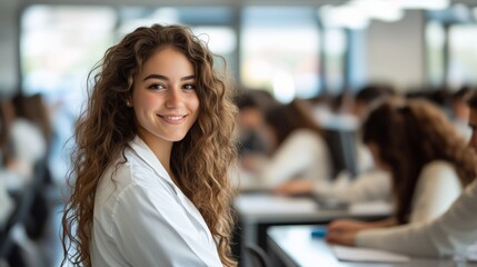 Fototapeta premium female woman doctor nurse portrait shot smiling cheerful confident standing front row in medical training class or seminar room background