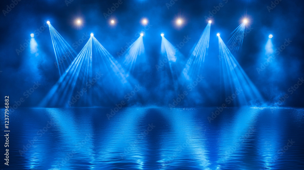 Poster dark empty scene with rays and spotlights. night abstract blue background with warm light. neon ligh